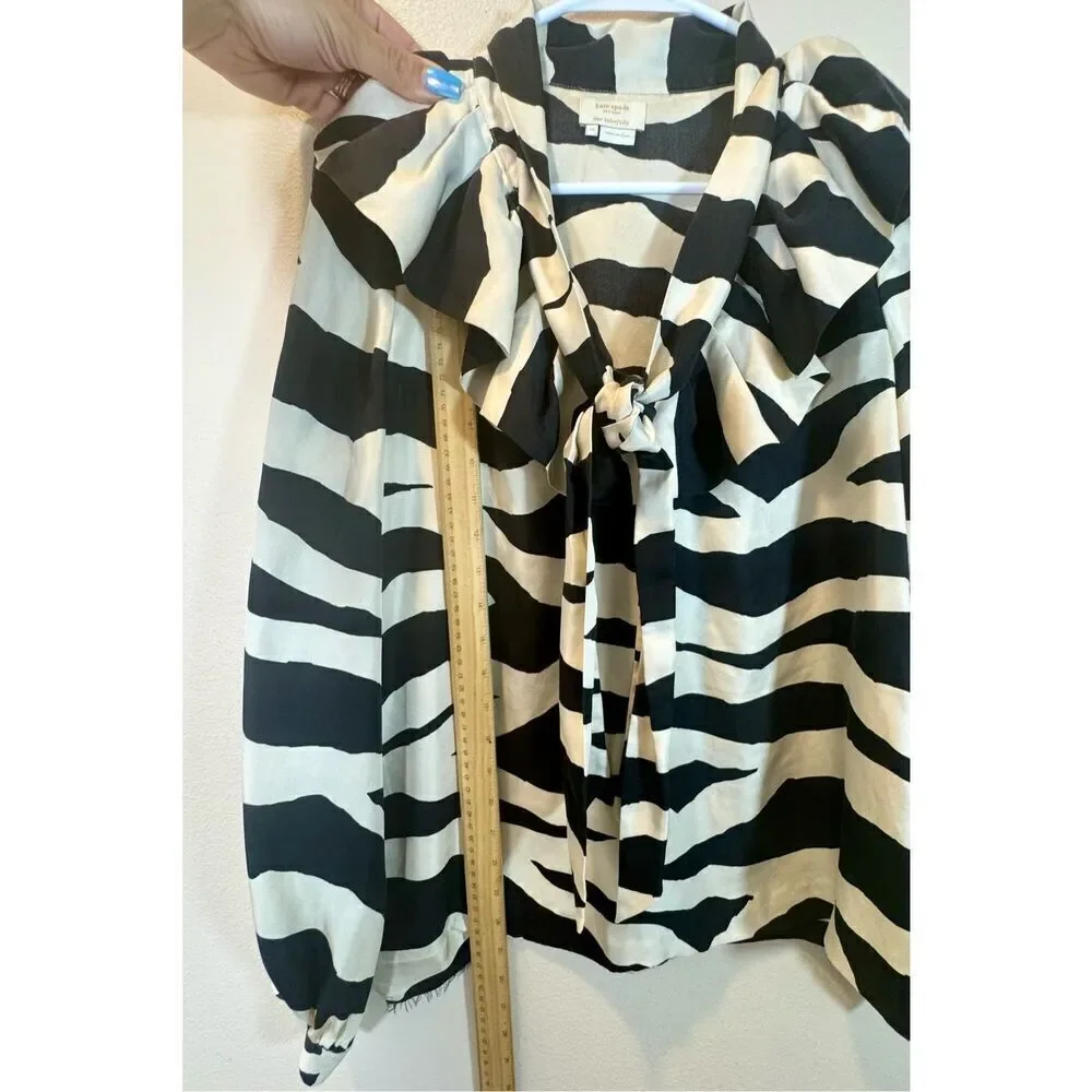 Kate Spade Catarina Zebra Print 100% Silk Ruffle Collar Tie Blouse Women's M